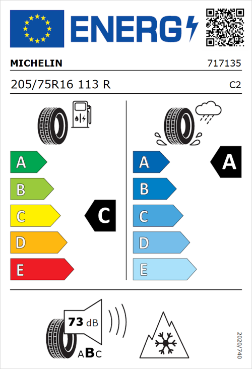 Tyre Label for Michelin Agilis CrossClimate 205/75R16 113R