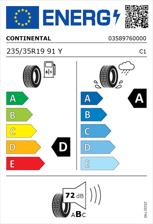 Tyre Label for Continental ContiSportContact 5 P 235/35R19 91Y