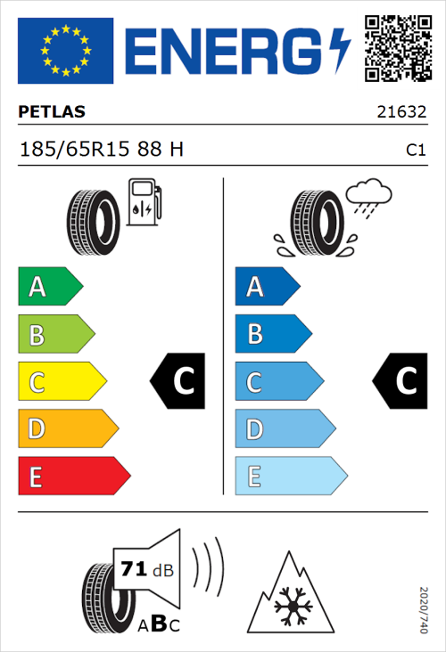Tyre Label for Petlas Multi Action PT565 185/65R15 88H