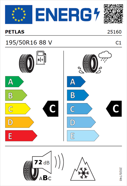Tyre Label for Petlas Multi Action PT565 195/50R16 88V