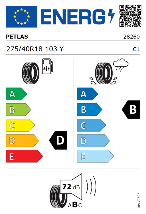 Tyre Label for Petlas Velox Sport PT741 275/40R18 103Y