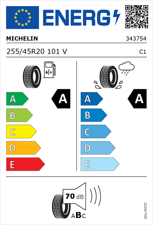 Tyre Label for Michelin e.primacy 255/45R20 101V
