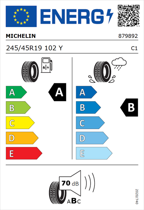 Tyre Label for Michelin e.primacy 245/45R19 102Y