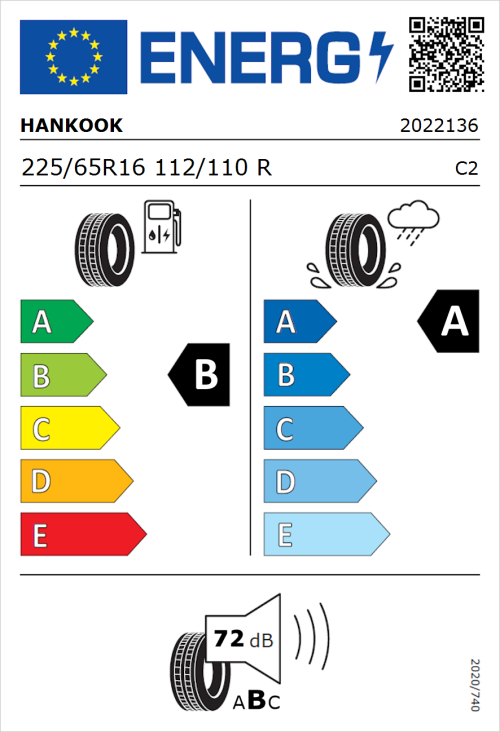 Tyre Label for Hankook Vantra Transit (RA58) 225/65R16 112/110R
