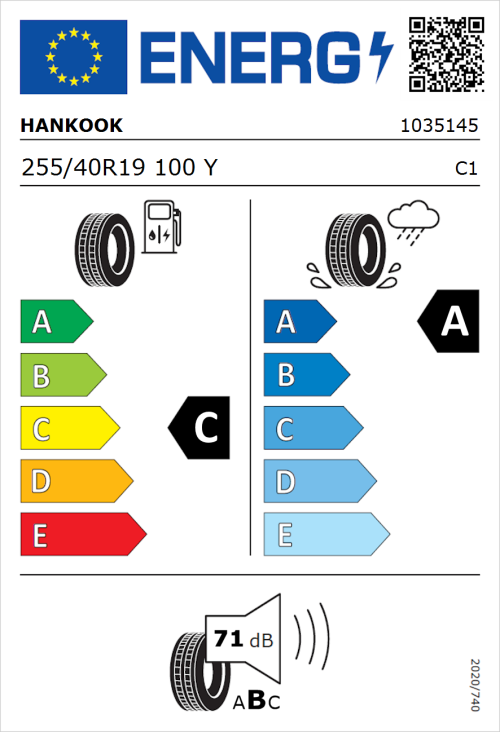 Tyre Label for Hankook Ventus Evo (K137) 255/40R19 100Y