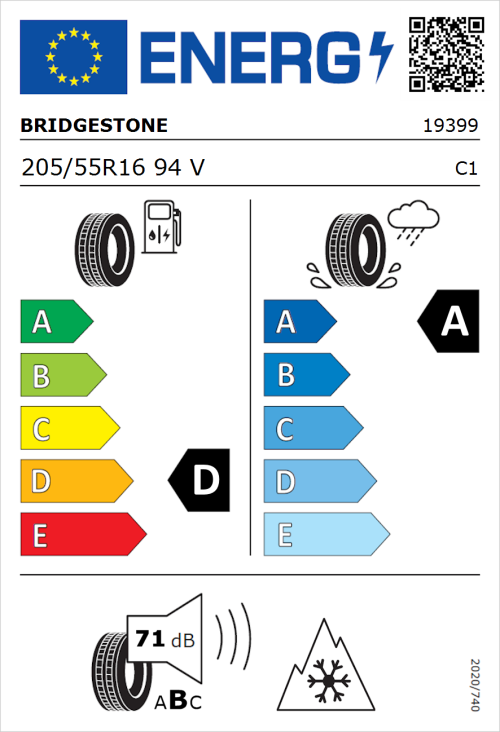 Tyre Label for Bridgestone DriveGuard 205/55R16 94V