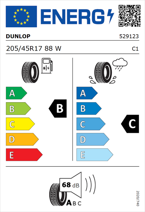 Tyre Label for Dunlop SP SportMaxx RT 205/45R17 88W