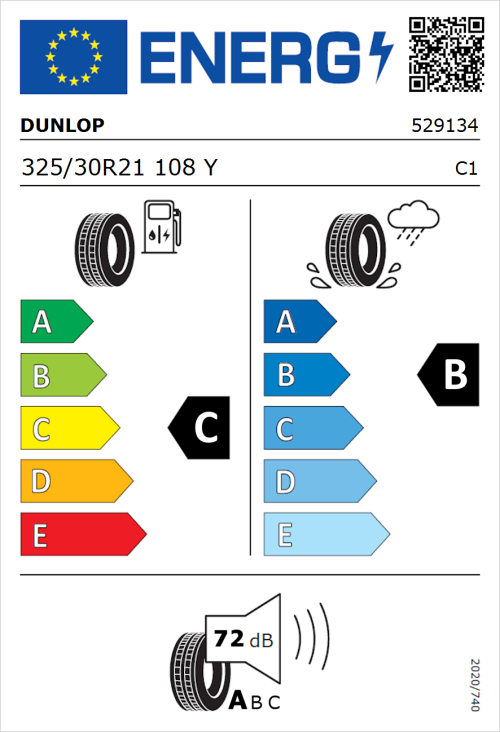Tyre Label for Dunlop SP SPORTMAXX GT 325/30R21 108Y
